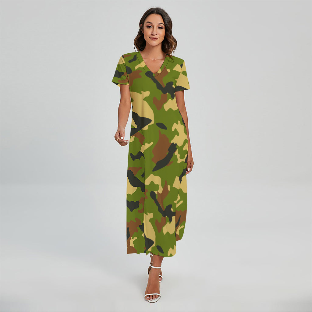 Military Camouflage Print Short Sleeve Maxi Dress