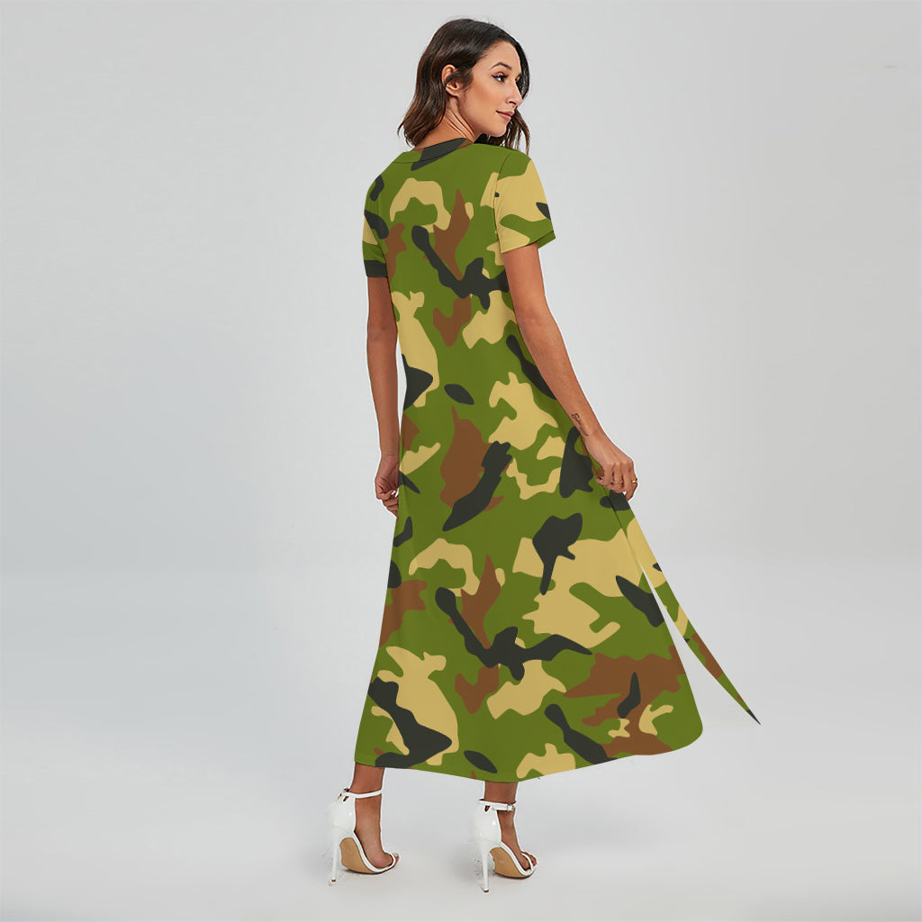 Military Camouflage Print Short Sleeve Maxi Dress