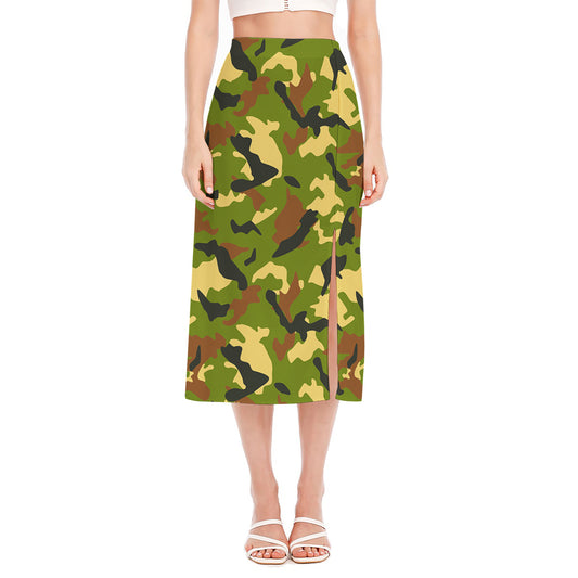 Military Camouflage Print Side Slit Midi Skirt