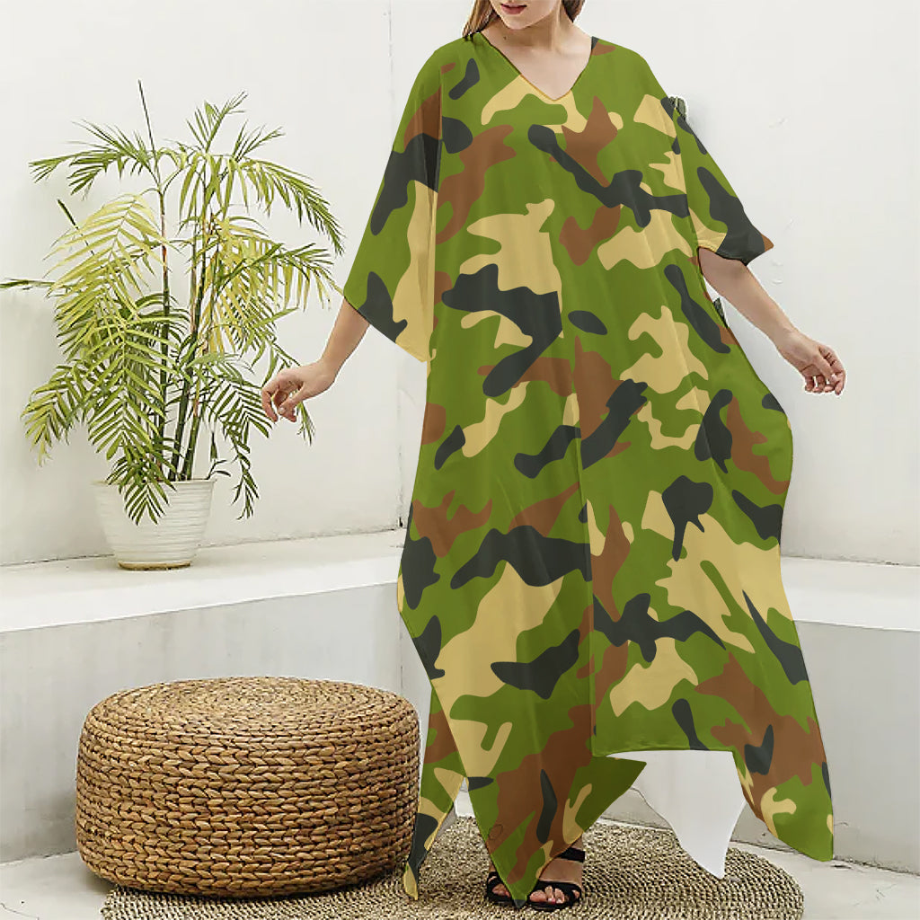 Military Camouflage Print Silk V-Neck Kaftan Dress