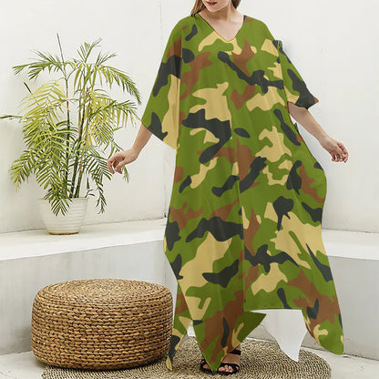 Military Camouflage Print Silk V-Neck Kaftan Dress