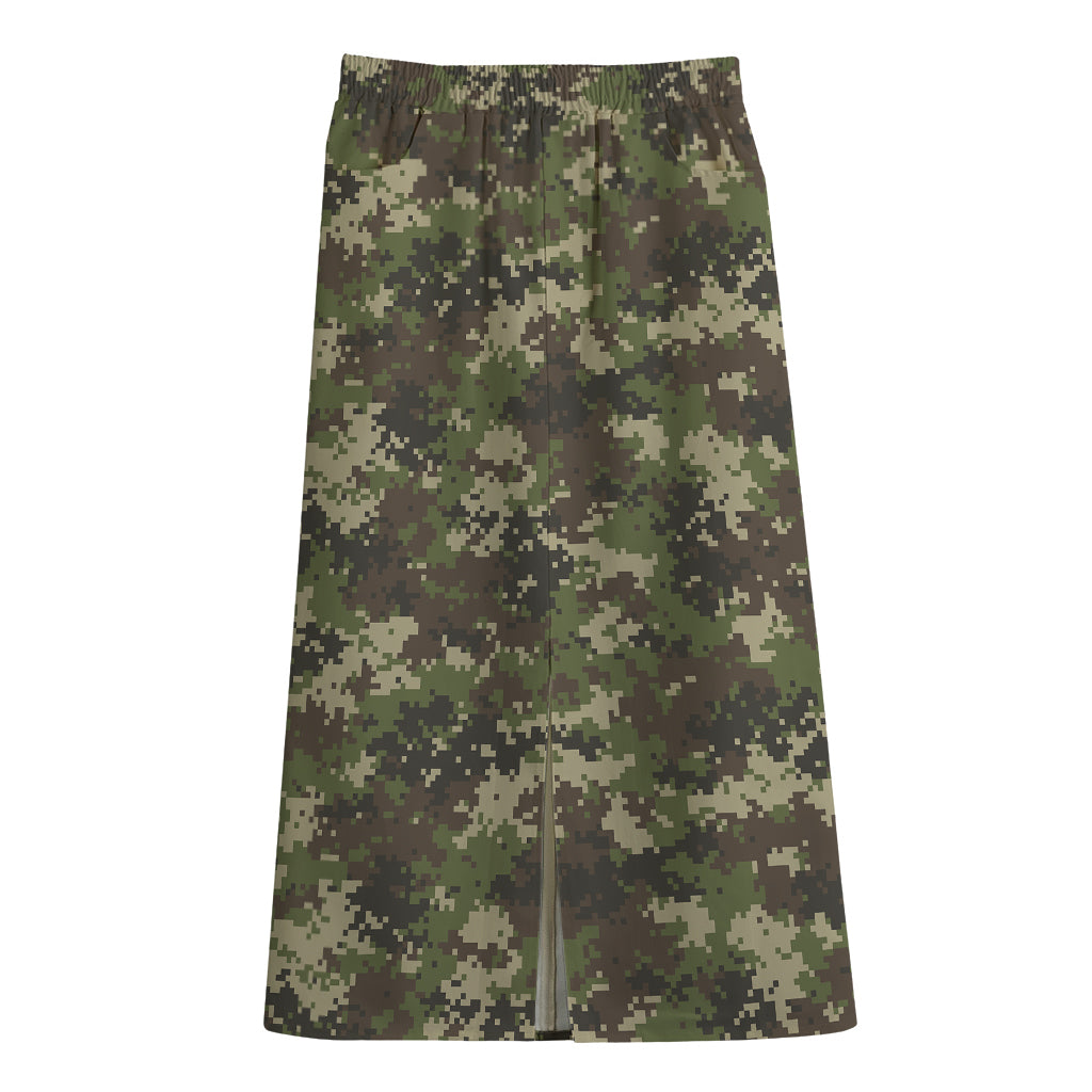 Military Digital Camo Pattern Print Cotton Front Slit Maxi Skirt