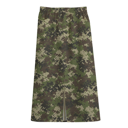 Military Digital Camo Pattern Print Cotton Front Slit Maxi Skirt