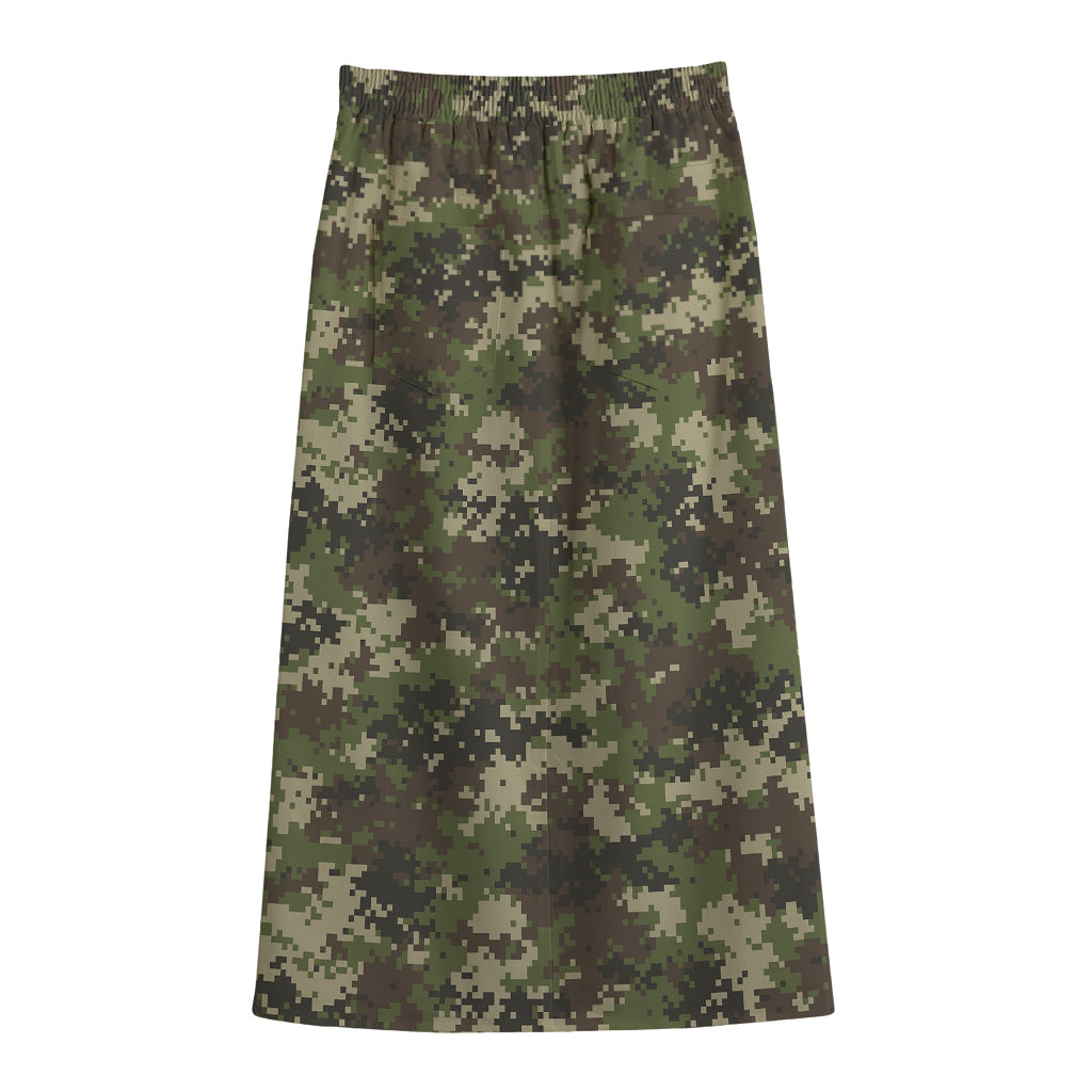 Military Digital Camo Pattern Print Cotton Front Slit Maxi Skirt