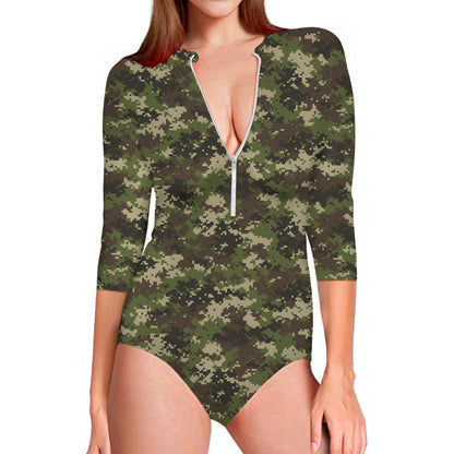 Military Digital Camo Pattern Print Long Sleeve Swimsuit