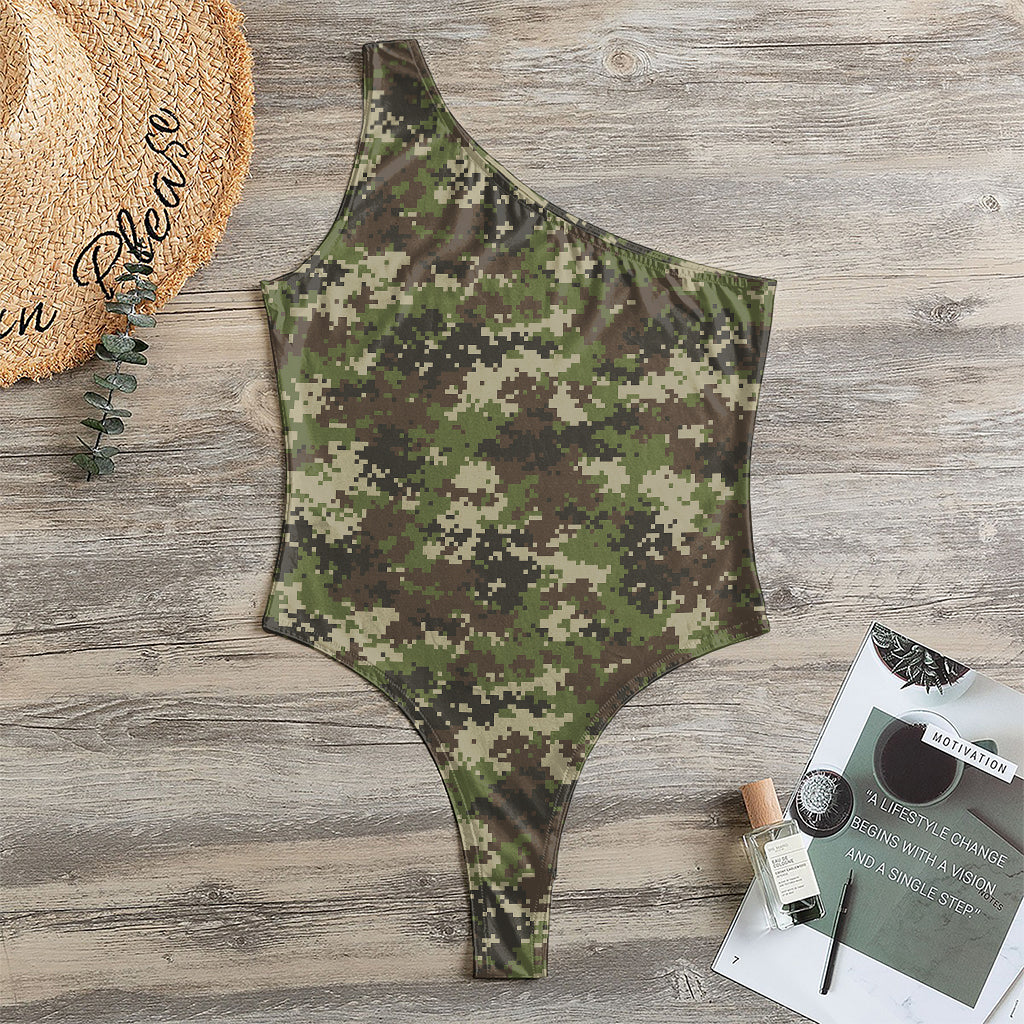 Military Digital Camo Pattern Print One Shoulder Bodysuit