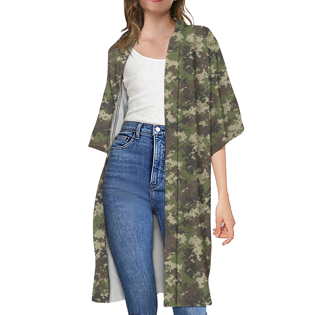 Military Digital Camo Pattern Print Open Front Beach Cover Up