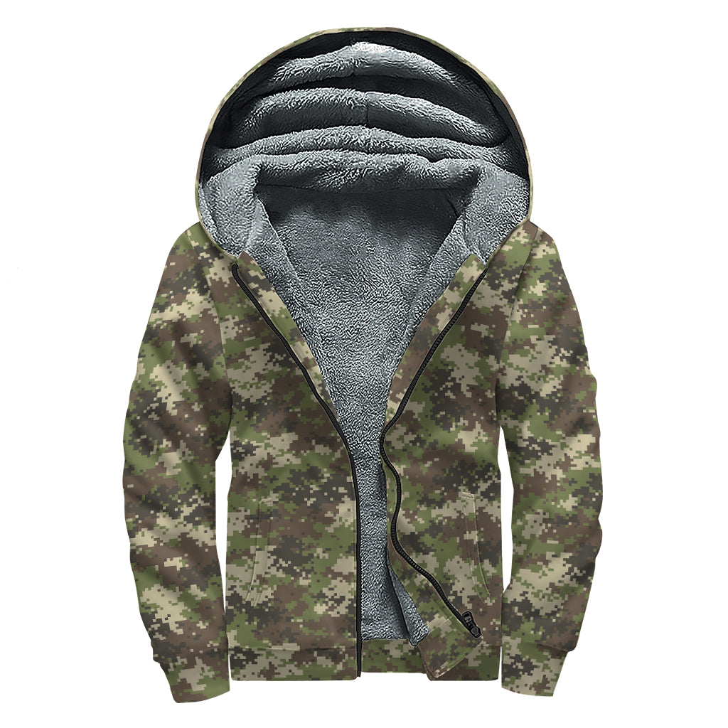 Military Digital Camo Pattern Print Sherpa Lined Zip Up Hoodie
