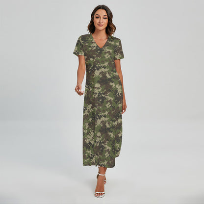 Military Digital Camo Pattern Print Short Sleeve Maxi Dress
