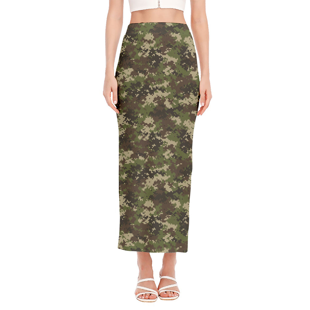 Military Digital Camo Pattern Print Side Slit Maxi Skirt