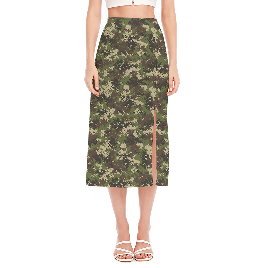 Military Digital Camo Pattern Print Side Slit Midi Skirt