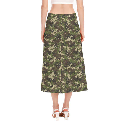 Military Digital Camo Pattern Print Side Slit Midi Skirt
