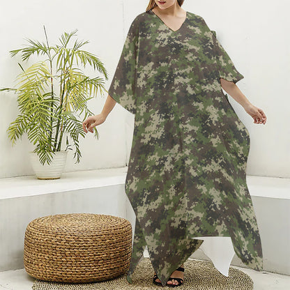 Military Digital Camo Pattern Print Silk V-Neck Kaftan Dress