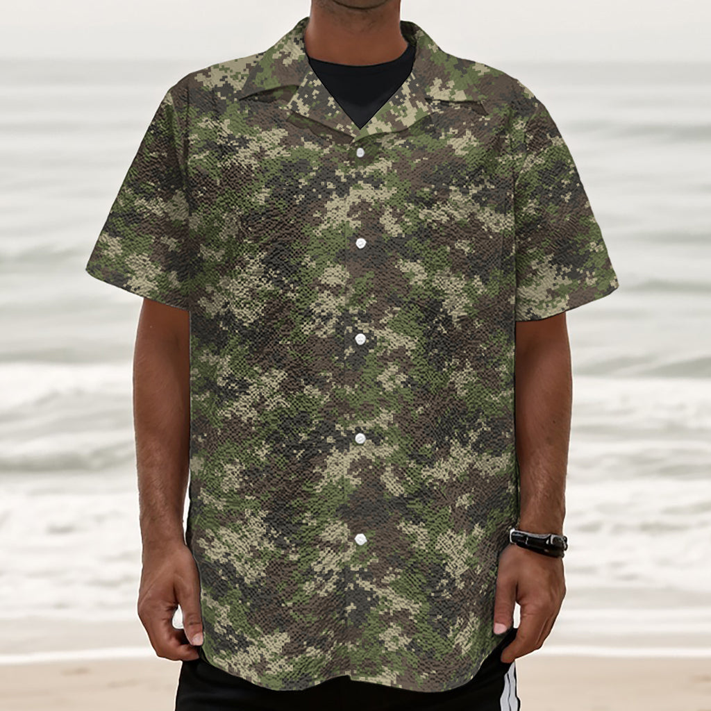 Military Digital Camo Pattern Print Textured Short Sleeve Shirt