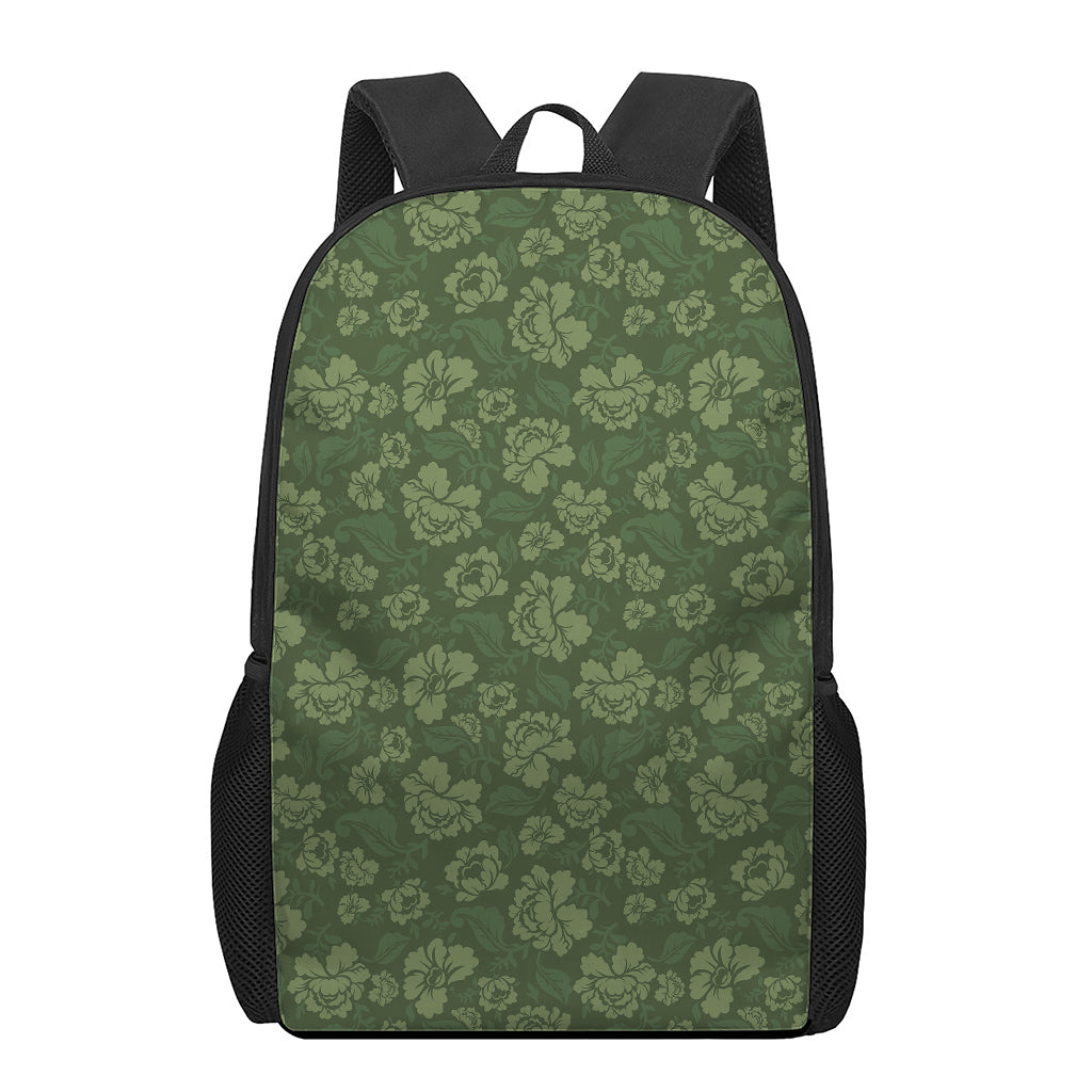 Military Green Camo Flower Pattern Print 17 Inch Backpack