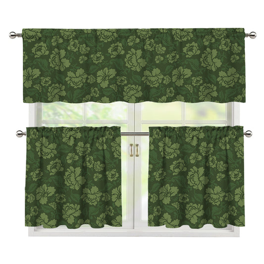 Military Green Camo Flower Pattern Print 3 Piece Kitchen Curtains