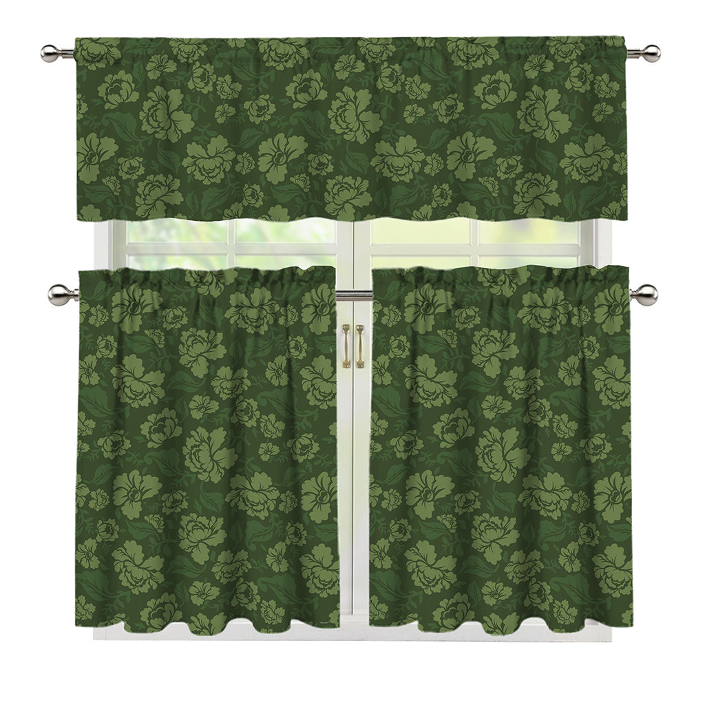 Military Green Camo Flower Pattern Print 3 Piece Kitchen Curtains
