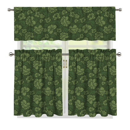 Military Green Camo Flower Pattern Print 3 Piece Kitchen Curtains
