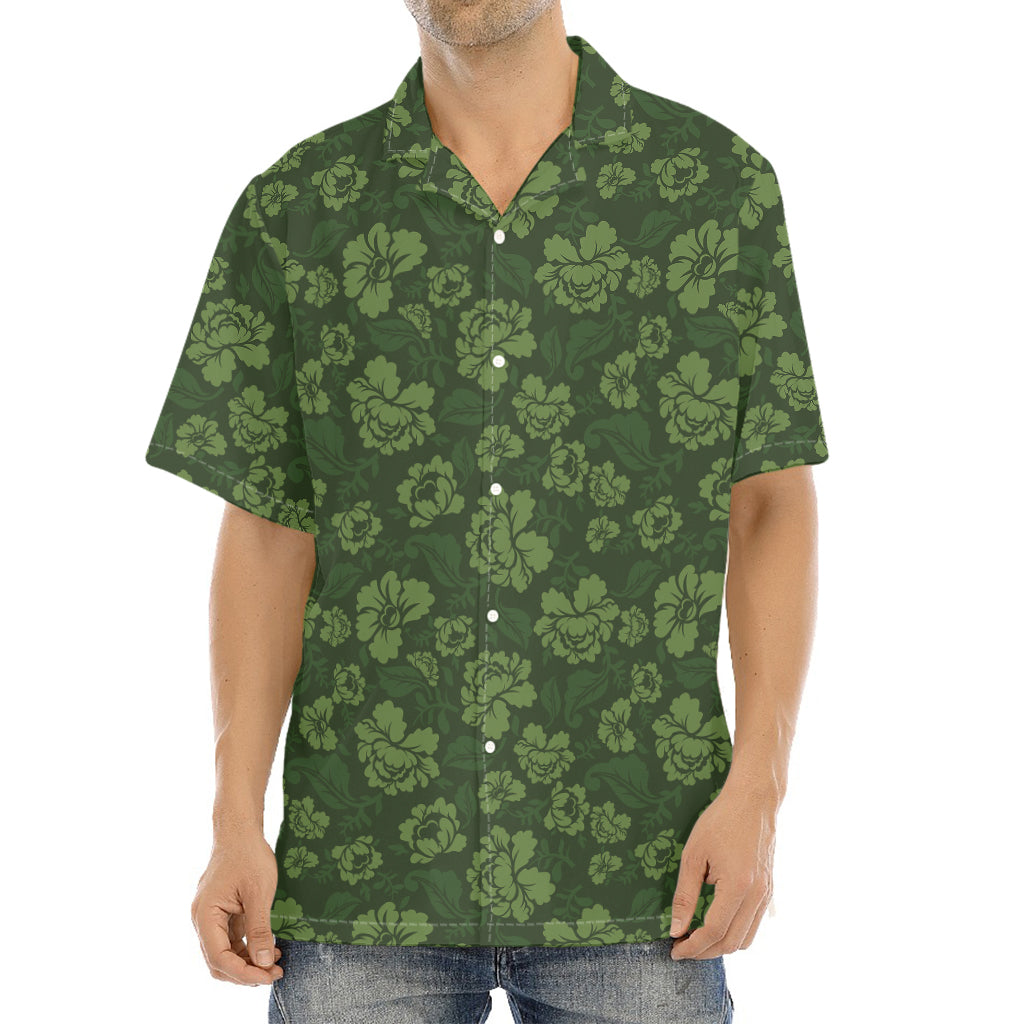 Military Green Camo Flower Pattern Print Aloha Shirt