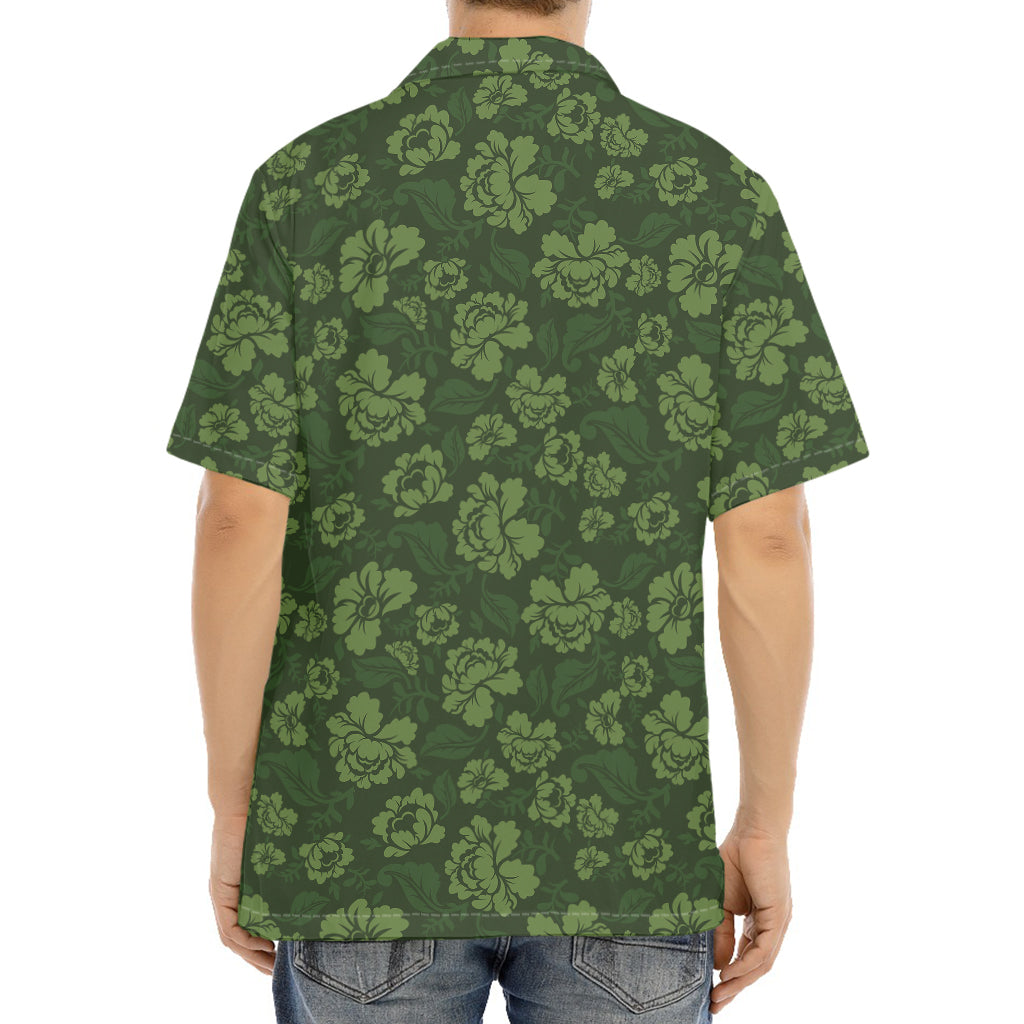 Military Green Camo Flower Pattern Print Aloha Shirt