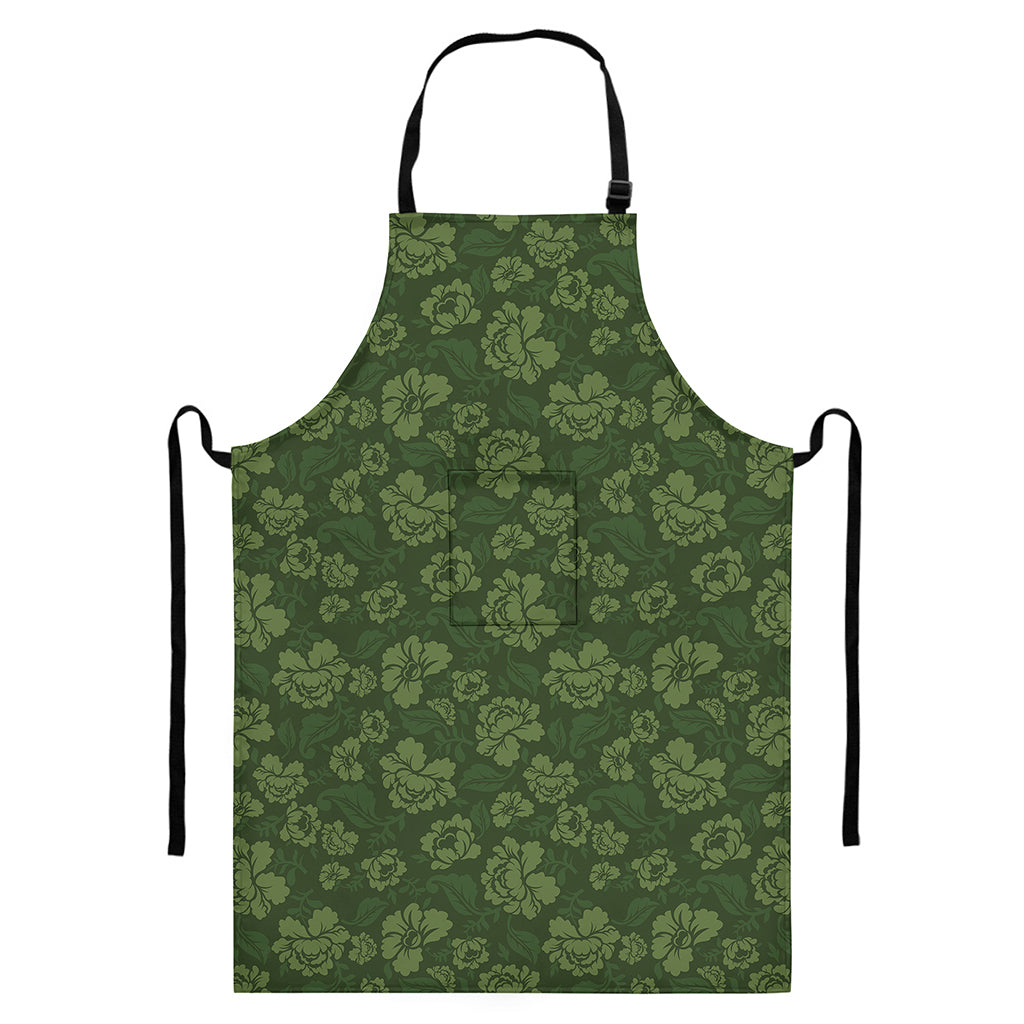 Military Green Camo Flower Pattern Print Bib Apron With Pocket
