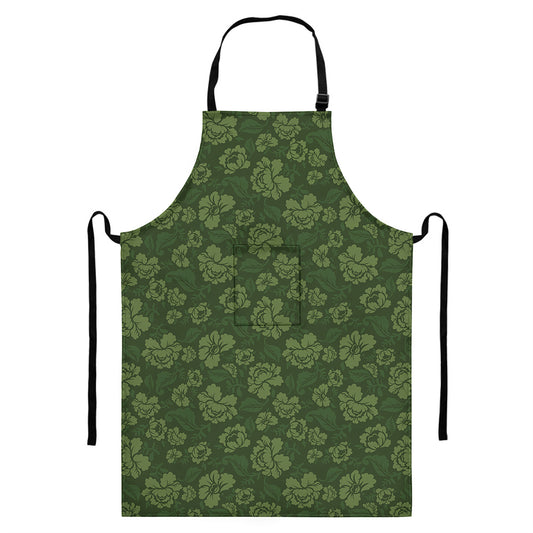 Military Green Camo Flower Pattern Print Bib Apron With Pocket