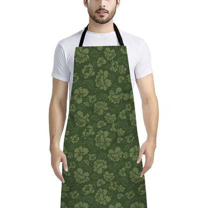 Military Green Camo Flower Pattern Print Bib Apron With Pocket