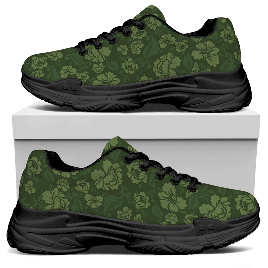 Military Green Camo Flower Pattern Print Black Chunky Shoes