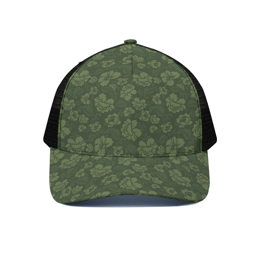 Military Green Camo Flower Pattern Print Black Mesh Trucker Cap