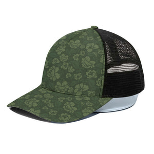 Military Green Camo Flower Pattern Print Black Mesh Trucker Cap