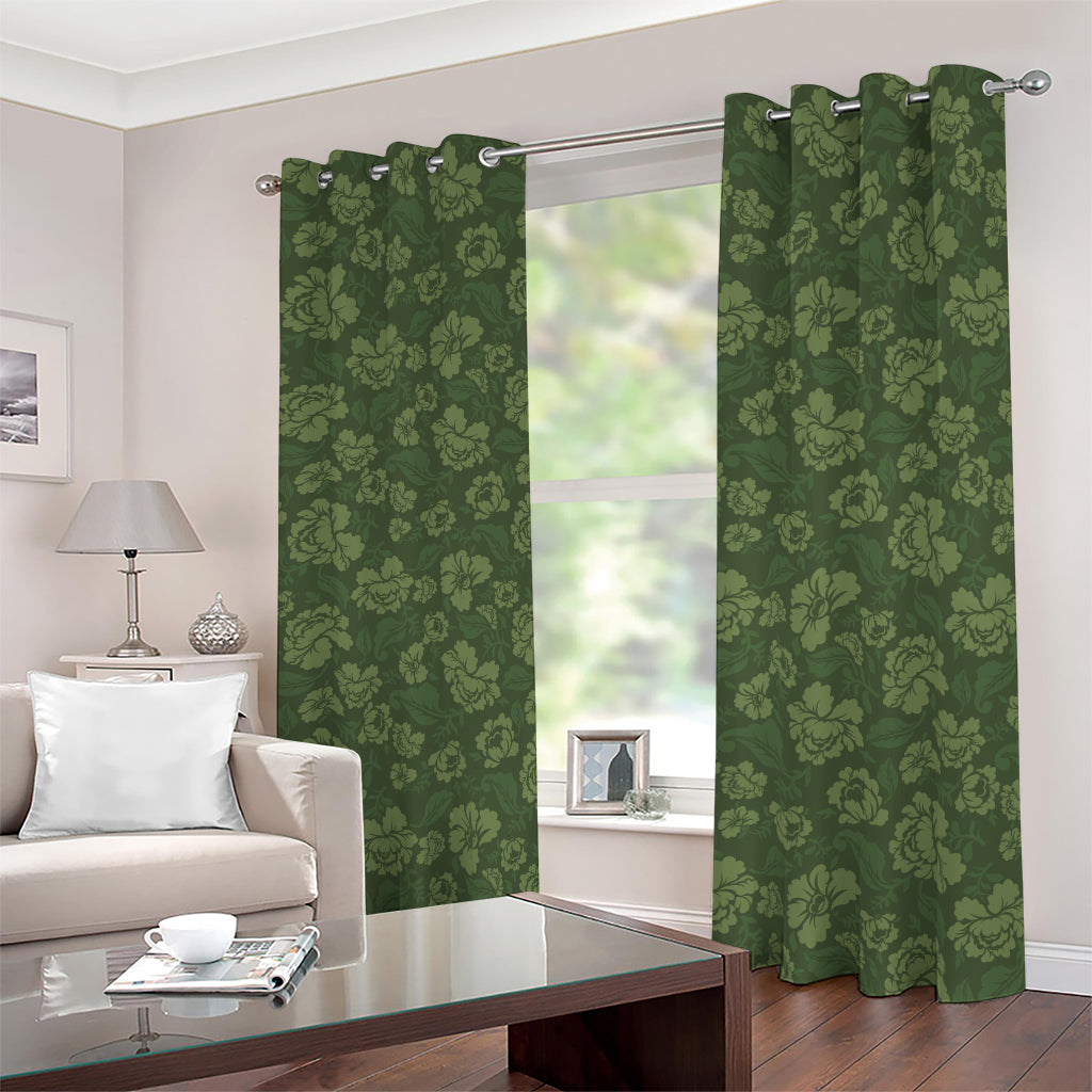 Military Green Camo Flower Pattern Print Blackout Grommet Curtains