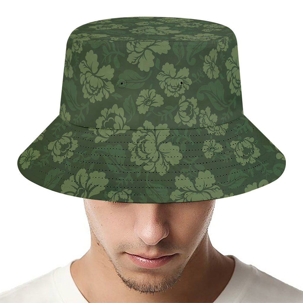 Military Green Camo Flower Pattern Print Bucket Hat