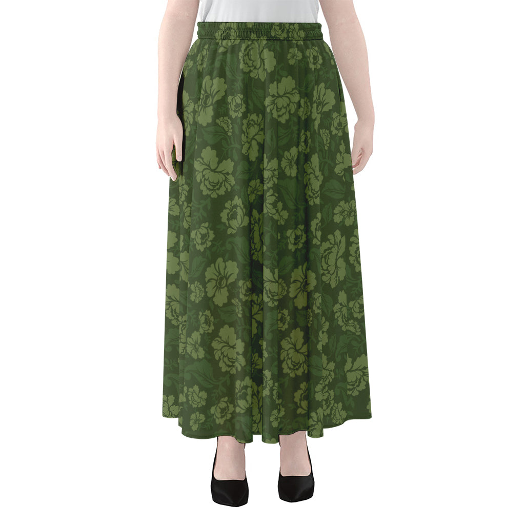 Military Green Camo Flower Pattern Print Chiffon Maxi Skirt