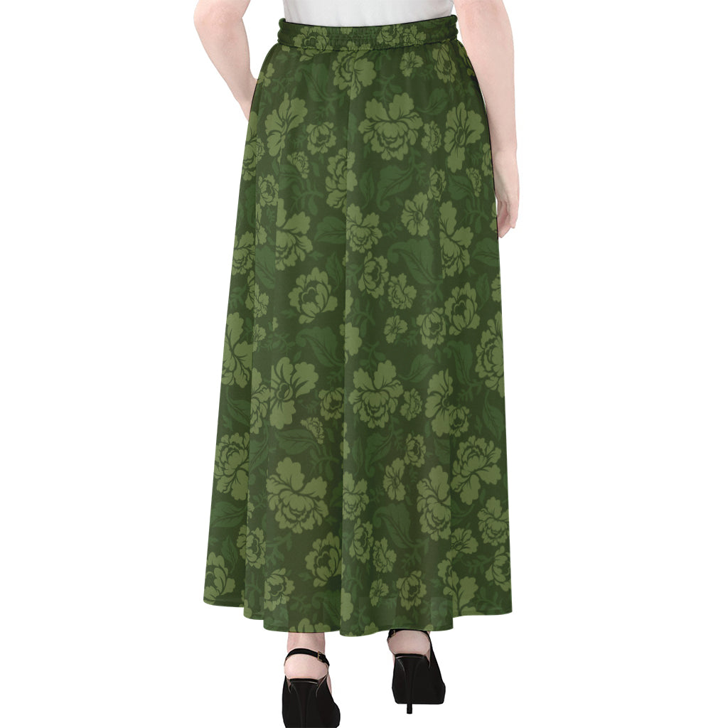 Military Green Camo Flower Pattern Print Chiffon Maxi Skirt