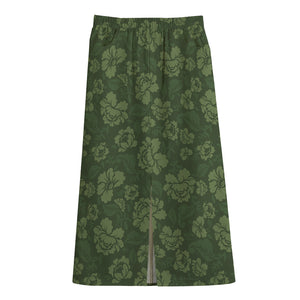 Military Green Camo Flower Pattern Print Cotton Front Slit Maxi Skirt