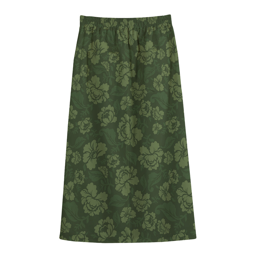 Military Green Camo Flower Pattern Print Cotton Front Slit Maxi Skirt