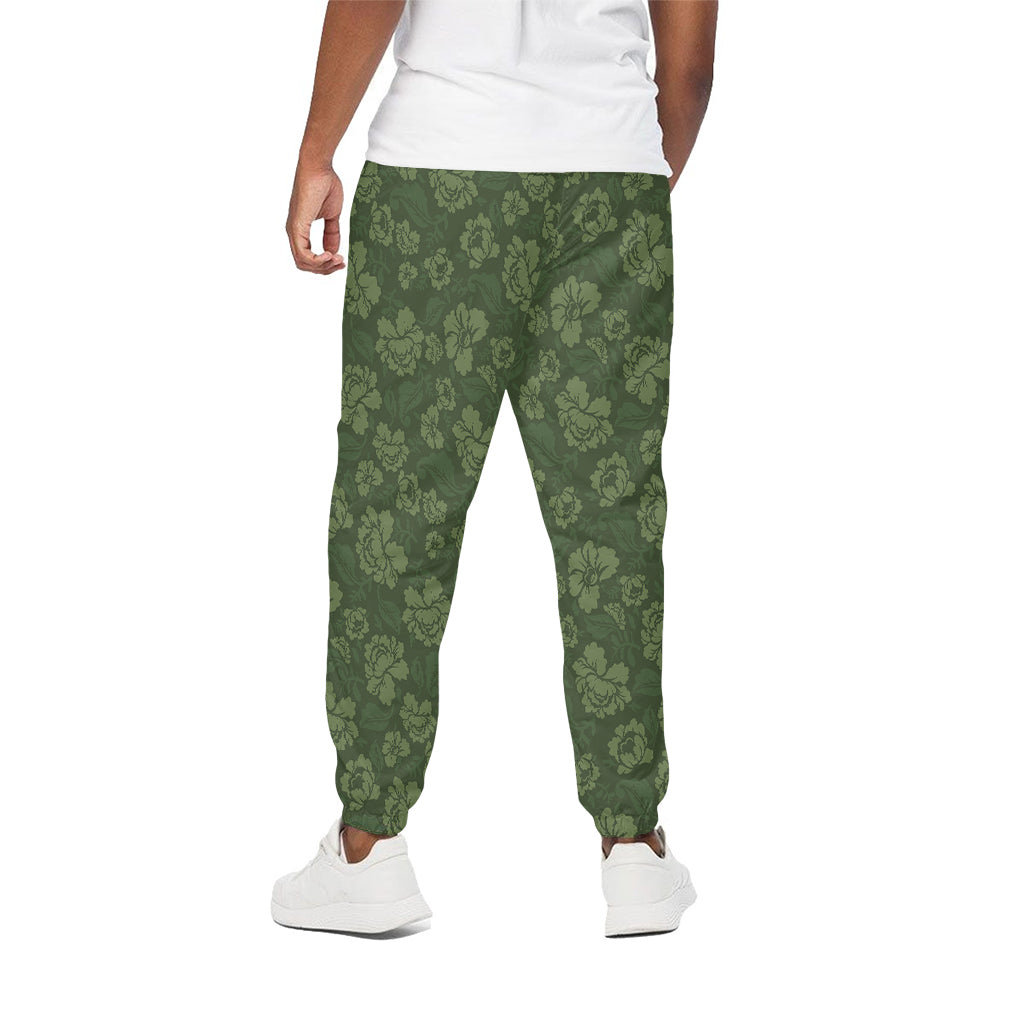 Military Green Camo Flower Pattern Print Cotton Pants