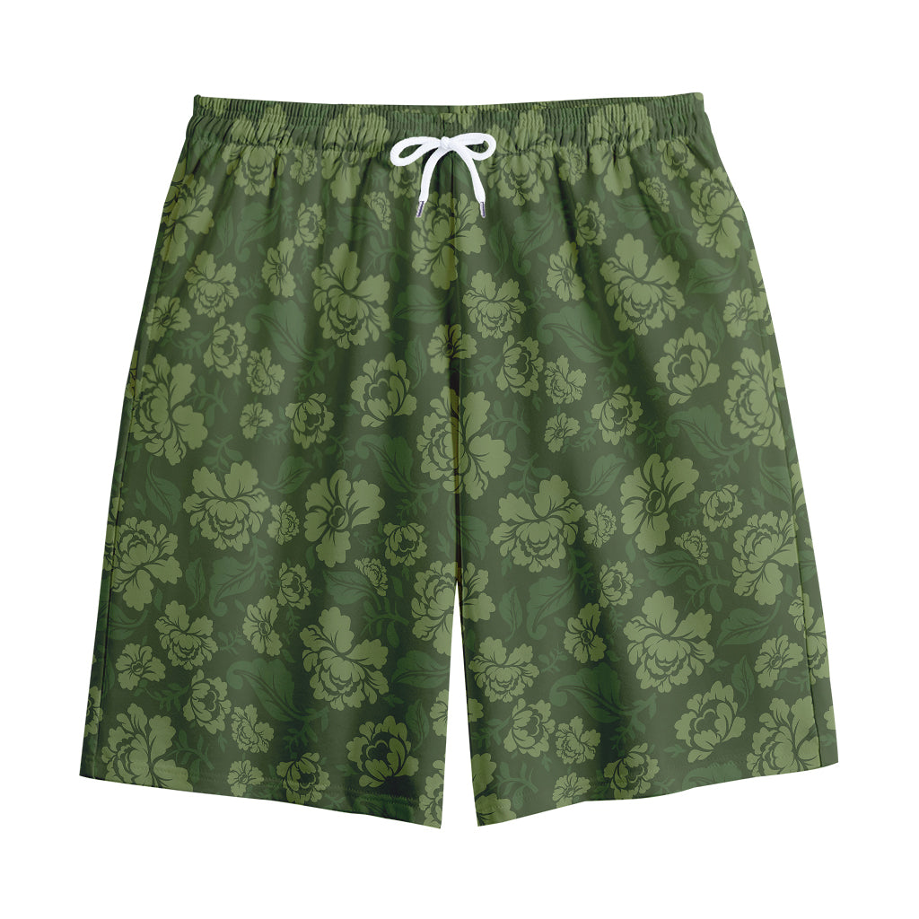 Military Green Camo Flower Pattern Print Cotton Shorts