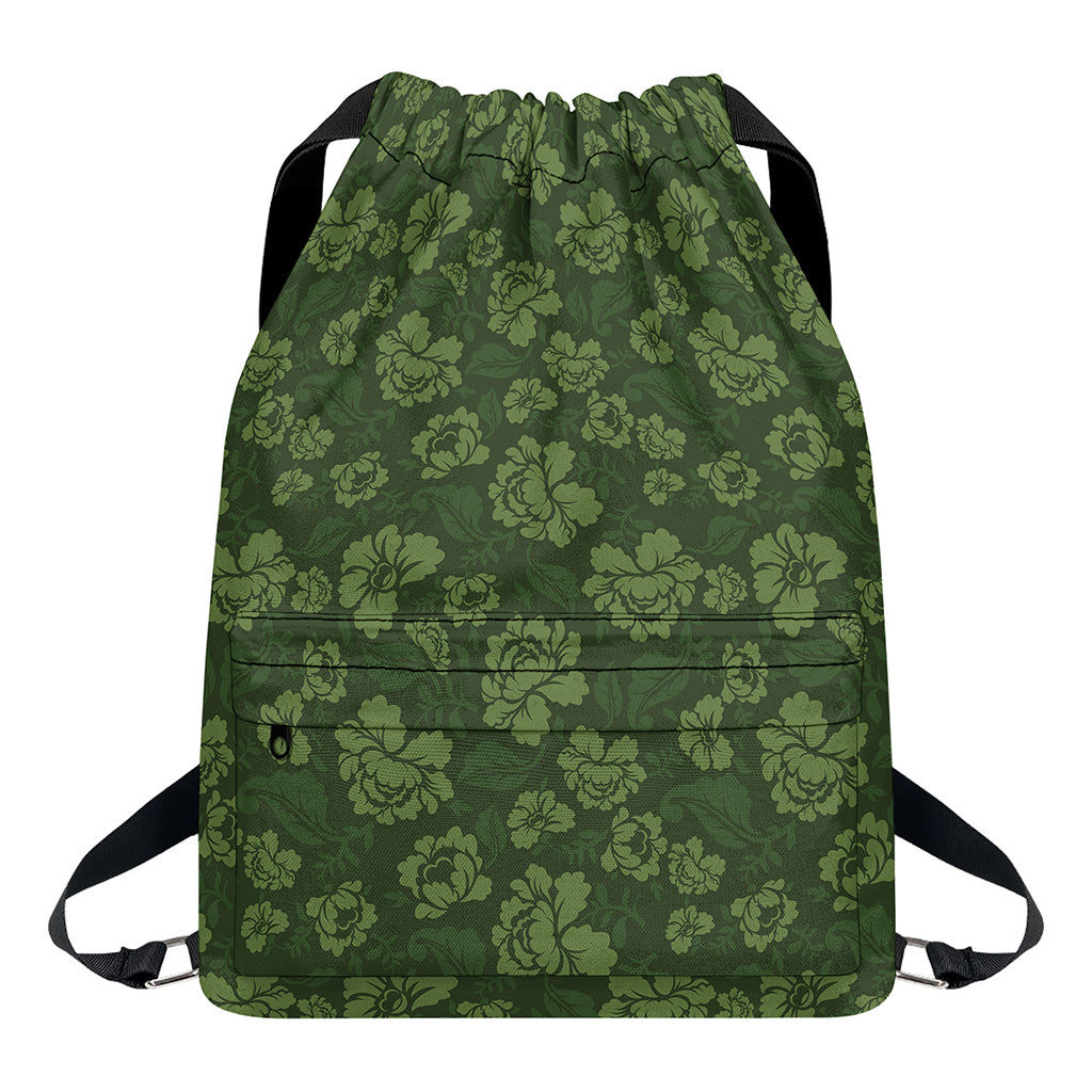 Military Green Camo Flower Pattern Print Drawstring Backpack