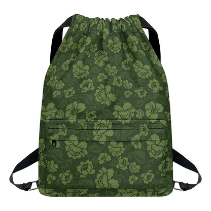 Military Green Camo Flower Pattern Print Drawstring Backpack