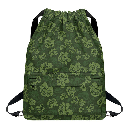 Military Green Camo Flower Pattern Print Drawstring Backpack