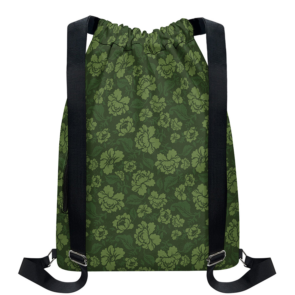 Military Green Camo Flower Pattern Print Drawstring Backpack