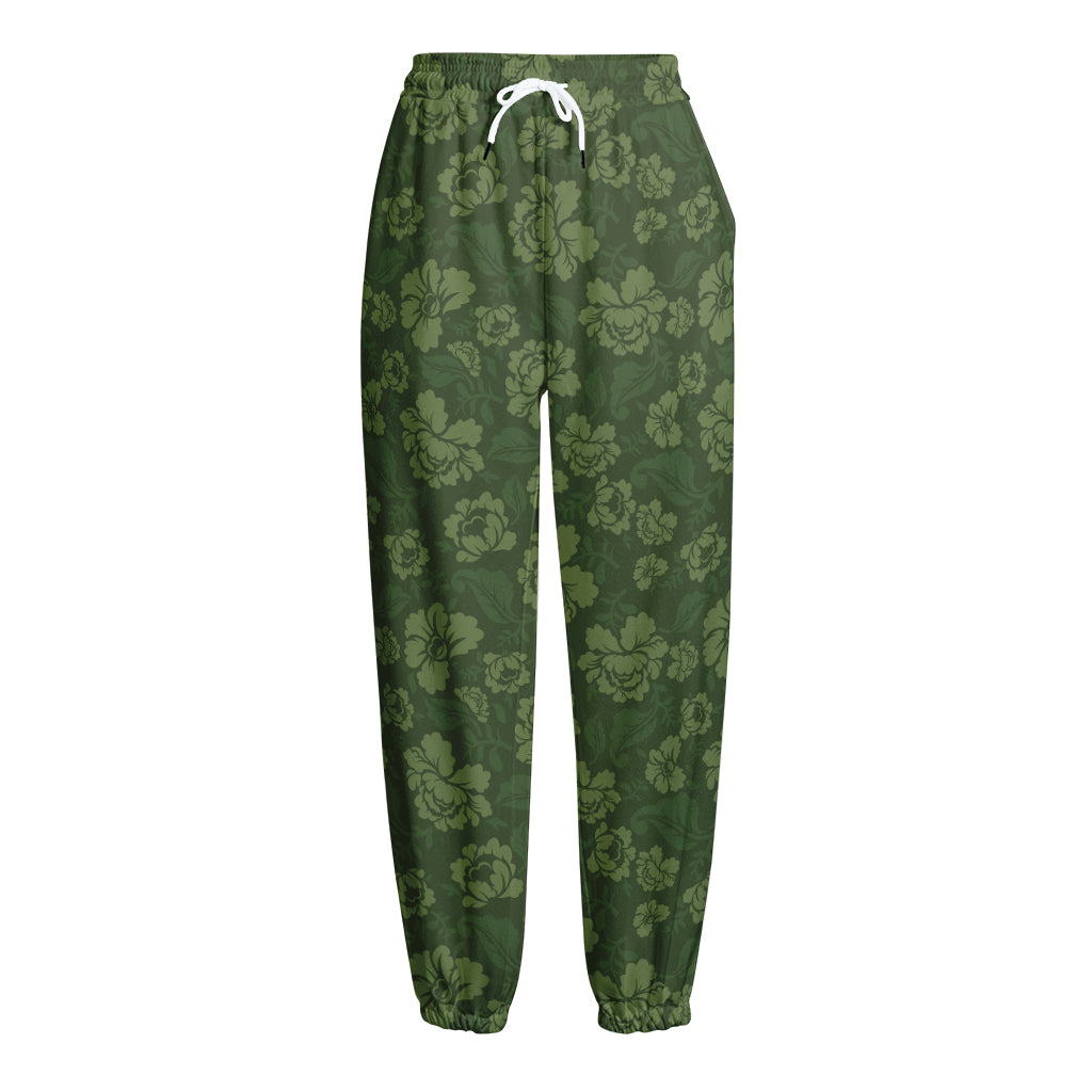 Military Green Camo Flower Pattern Print Fleece Lined Knit Pants