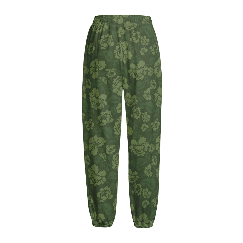 Military Green Camo Flower Pattern Print Fleece Lined Knit Pants