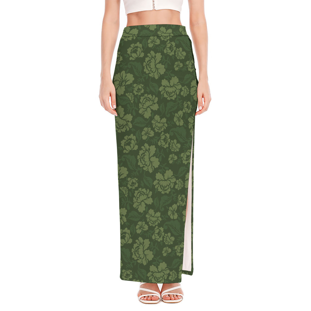 Military Green Camo Flower Pattern Print High Slit Maxi Skirt