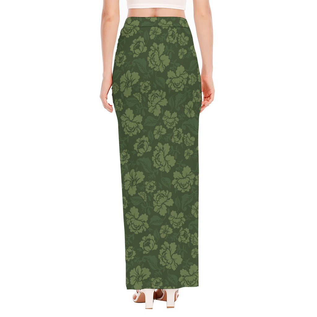 Military Green Camo Flower Pattern Print High Slit Maxi Skirt