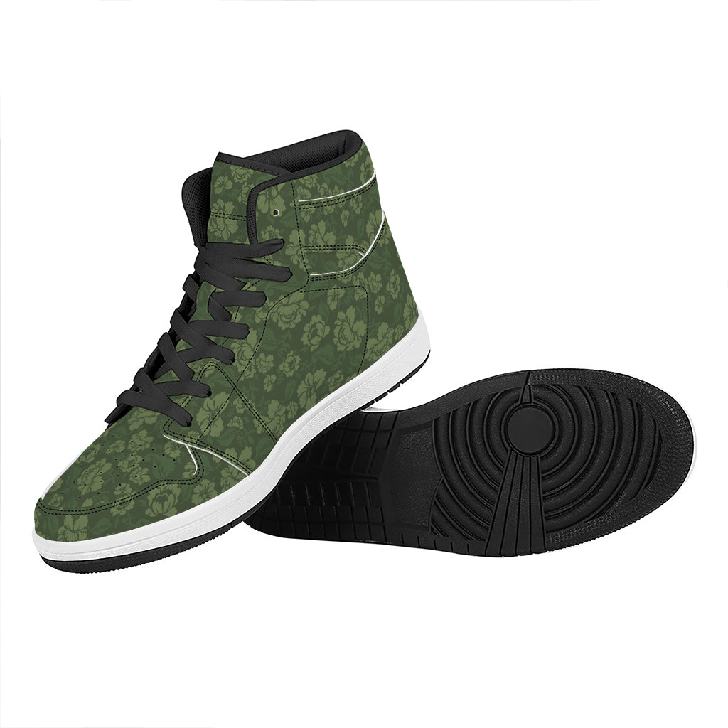 Military Green Camo Flower Pattern Print High Top Leather Sneakers