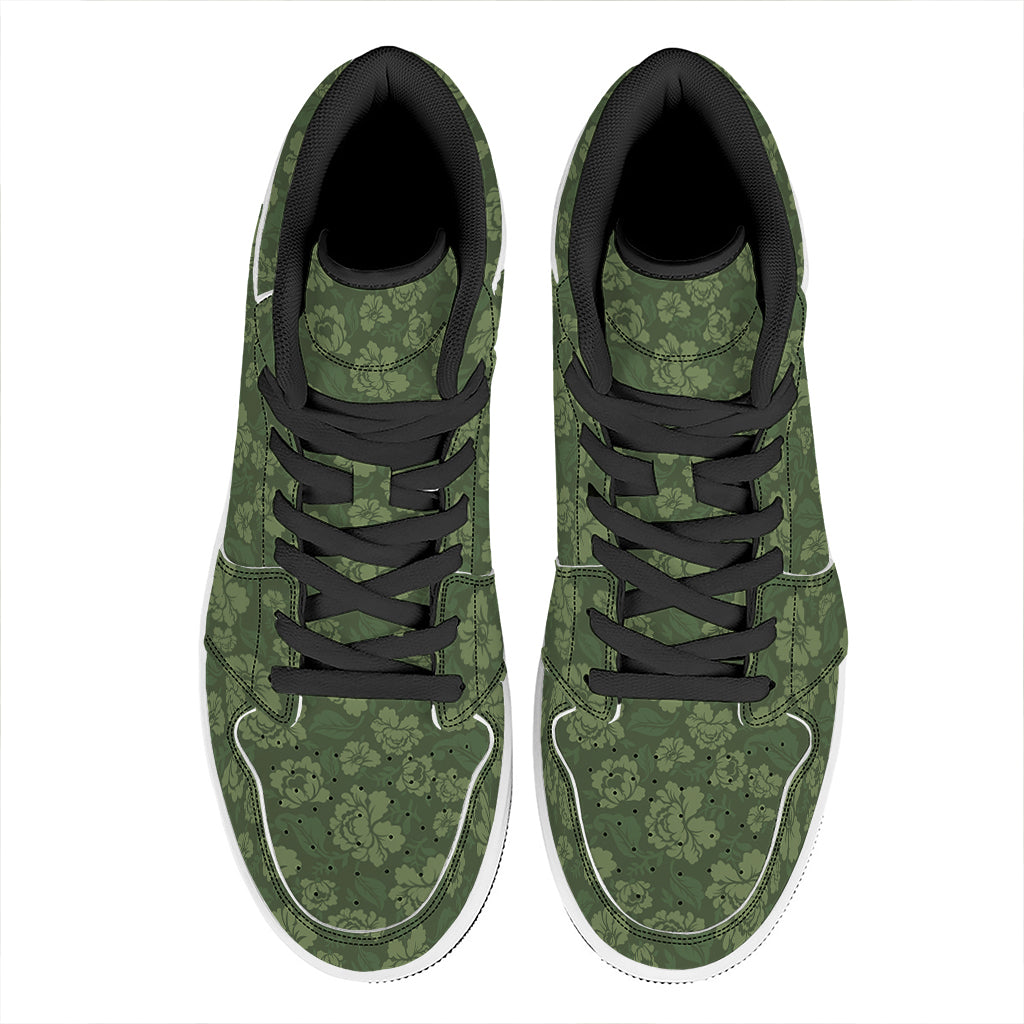 Military Green Camo Flower Pattern Print High Top Leather Sneakers