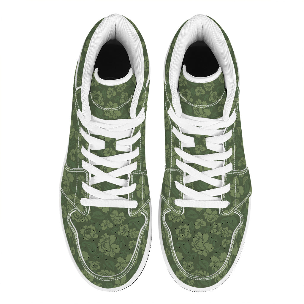 Military Green Camo Flower Pattern Print High Top Leather Sneakers