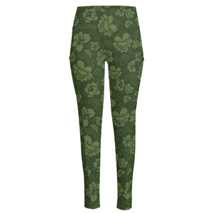 Military Green Camo Flower Pattern Print High-Waisted Pocket Leggings